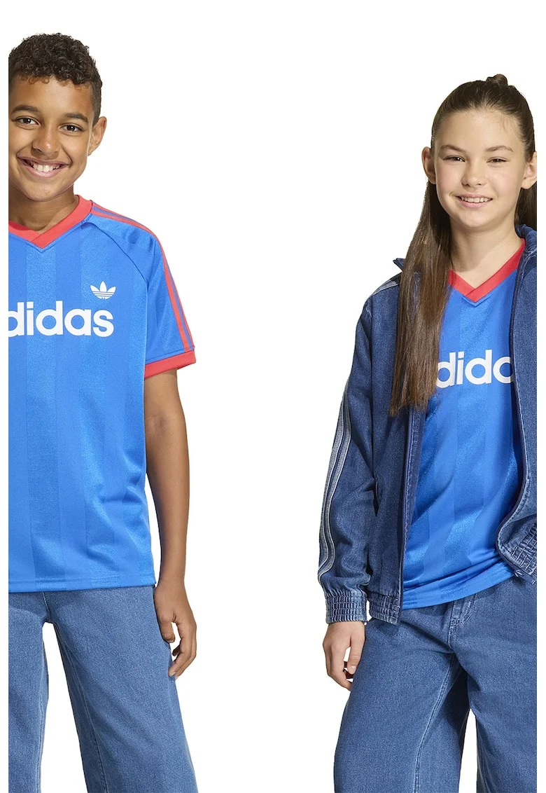 Tricou cu imprimeu logo si decolteu in V, Alb/Coral/Albastru