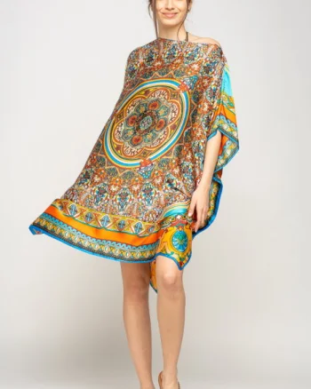 Rochie de plaja tip poncho din matase cu mandala centrala in chenar portocaliu si albastru
