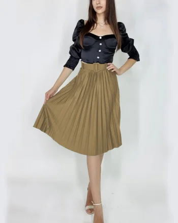 Fusta plisata eleganta Carmen, curea de aceeasi culoare inclusa, Bej, Marime universala S/M