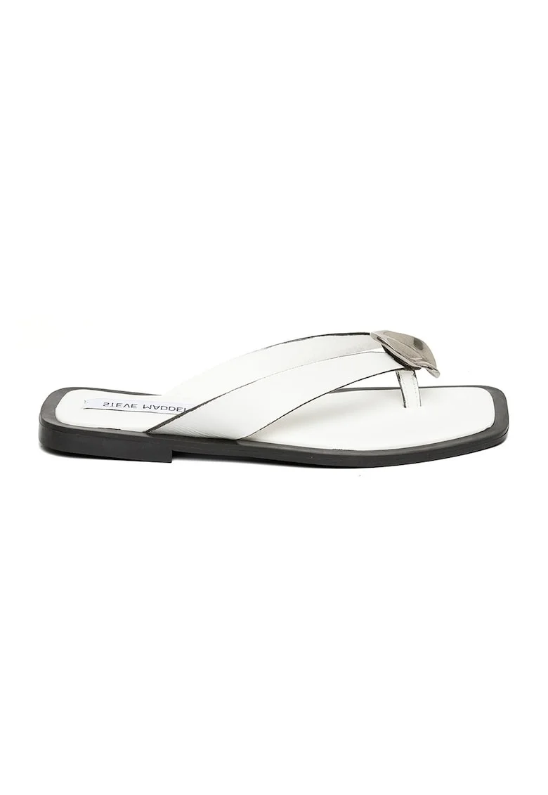 Papuci flip-flop de piele cu detaliu metalic, Alb/Argintiu