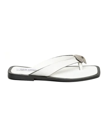 Papuci flip-flop de piele cu detaliu metalic, Alb/Argintiu