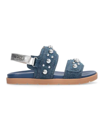 Sandale de denim cu bareta velcro, Albastru inchis/Caramel/Argintiu