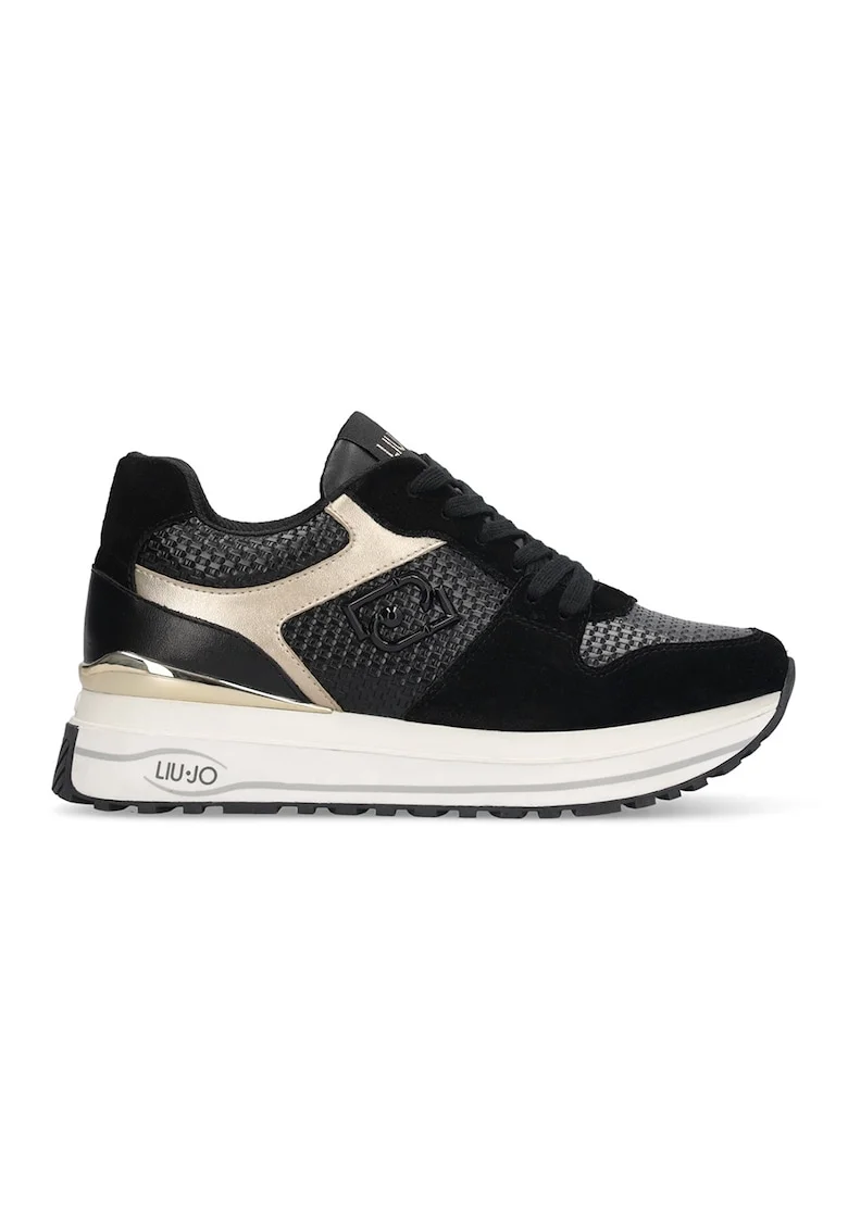 Pantofi sport cu talpa wedge si insertii din piele intoarsa, Auriu/Negru