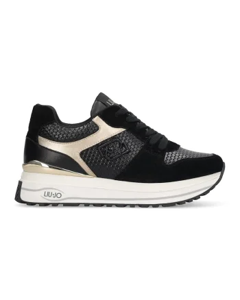 Pantofi sport cu talpa wedge si insertii din piele intoarsa, Auriu/Negru