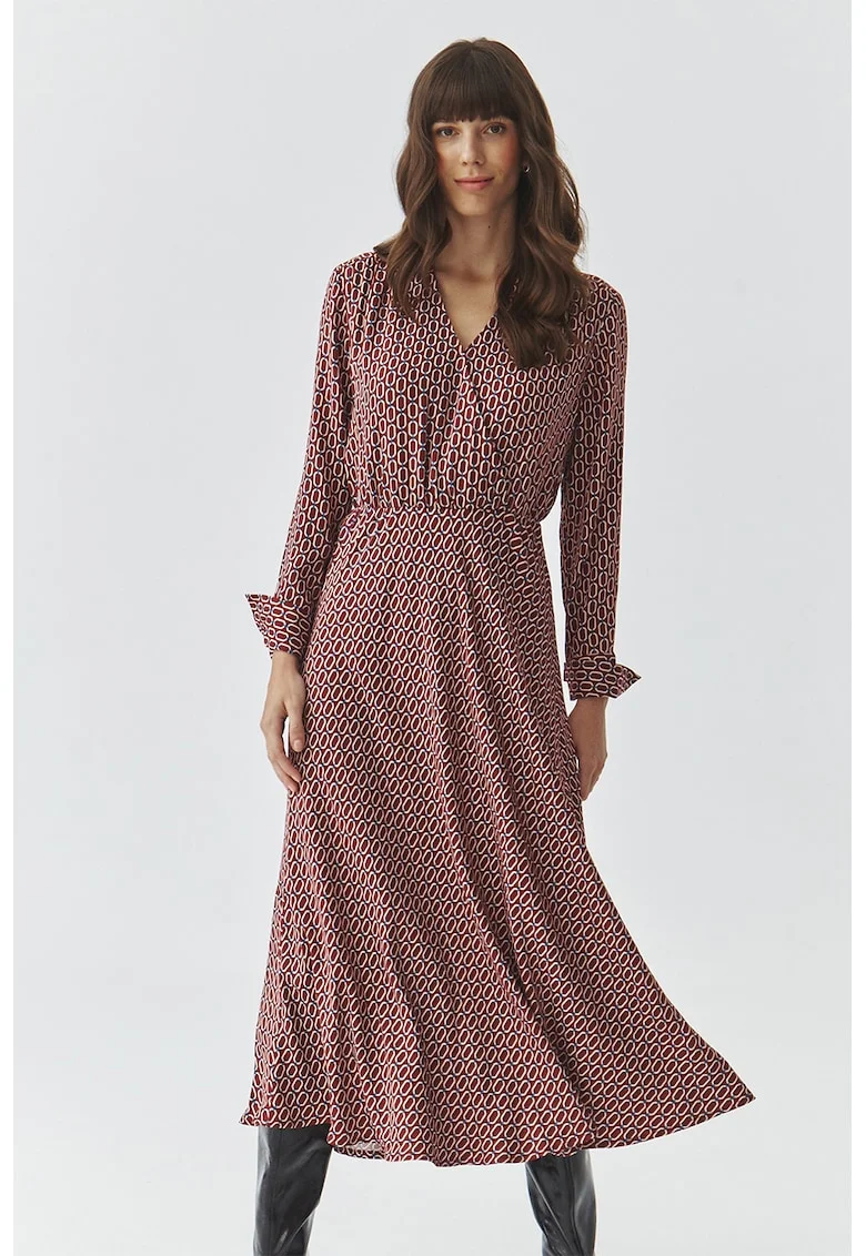 Rochie cu model si decolteu in V, Visiniu/Bej/Albastru