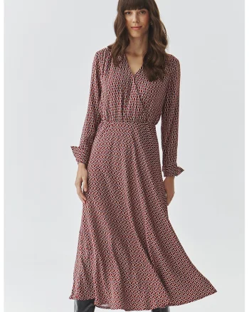 Rochie cu model si decolteu in V, Visiniu/Bej/Albastru