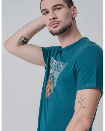 Tricou cu decolteu la baza gatului si imprimeu logo, Alb fildes/Portocaliu/Verde persan