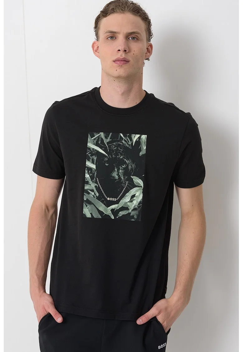 Tricou regular fit cu decolteu la baza gatului si imprimeu grafic, Negru/Verde pal
