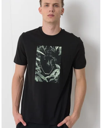 Tricou regular fit cu decolteu la baza gatului si imprimeu grafic, Negru/Verde pal
