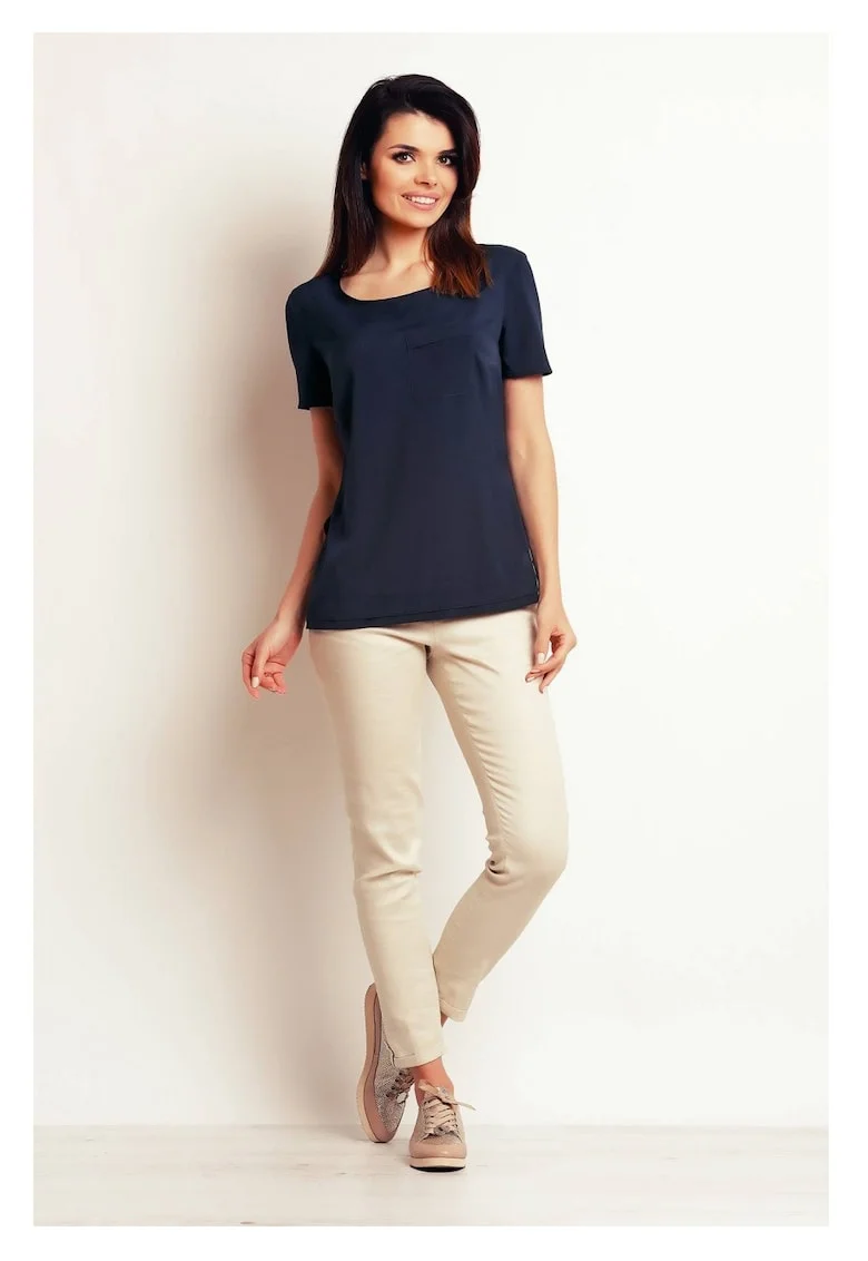 Bluza Casual Lejera De Dama,  Design Minimalist Modern Prevazut Cu Buzunar Aplicat, Material Premium Calitativ Cu Elastan, Maneci Scurte, Croiala Confortabila Ideala Pentru O Tinuta De Zi Versatila Si Chic, Lux, Albastru inchis