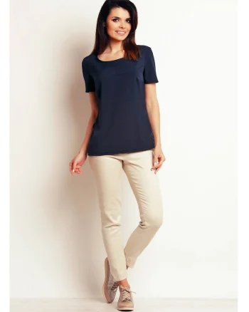 Bluza Casual Lejera De Dama,  Design Minimalist Modern Prevazut Cu Buzunar Aplicat, Material Premium Calitativ Cu Elastan, Maneci Scurte, Croiala Confortabila Ideala Pentru O Tinuta De Zi Versatila Si Chic, Lux, Albastru inchis