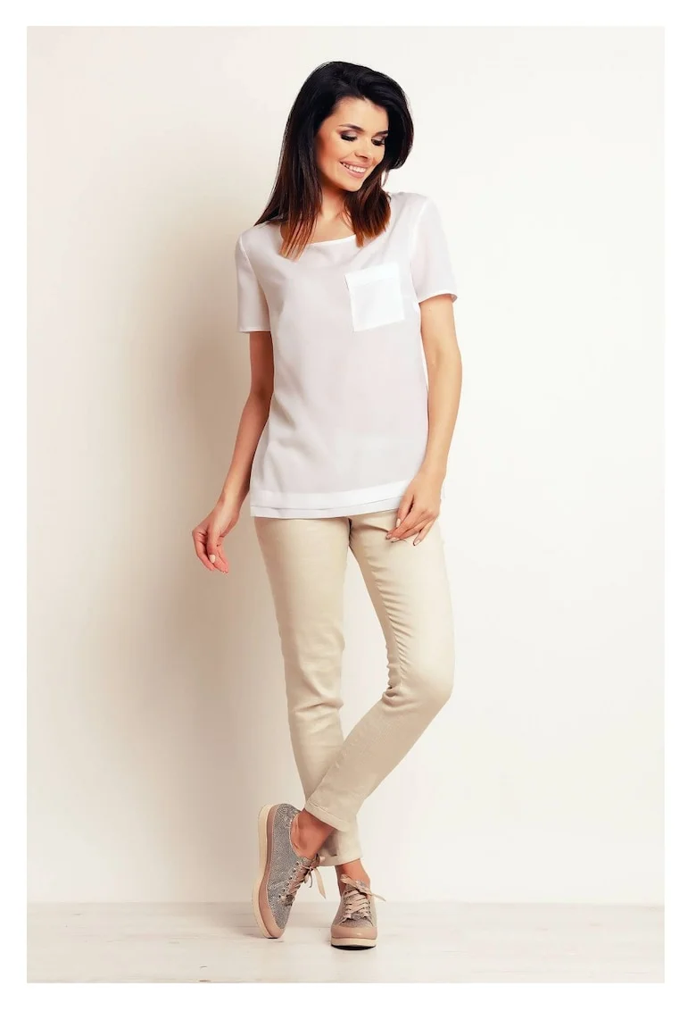 Bluza Casual Lejera De Dama,  Alb Imaculat, Design Minimalist Modern Prevazut Cu Buzunar Aplicat, Material Premium Calitativ Cu Elastan, Maneci Scurte, Croiala Confortabila Ideala Pentru O Tinuta De Zi Versatila Si Chic, Lux, Alb