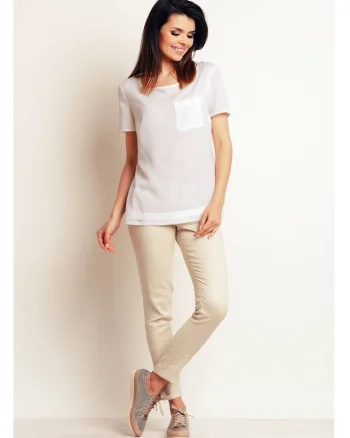 Bluza Casual Lejera De Dama,  Alb Imaculat, Design Minimalist Modern Prevazut Cu Buzunar Aplicat, Material Premium Calitativ Cu Elastan, Maneci Scurte, Croiala Confortabila Ideala Pentru O Tinuta De Zi Versatila Si Chic, Lux, Alb