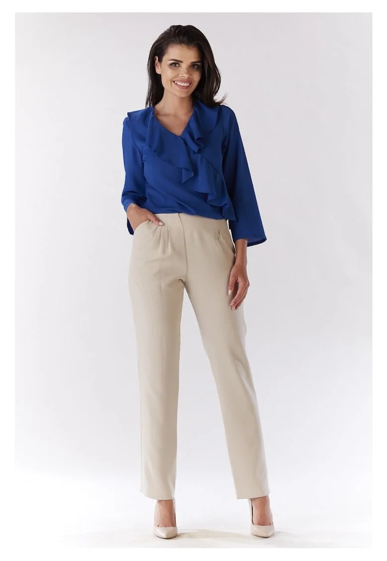 Bluza Eleganta De Dama Cu Maneca Scurta,  Albastru, Design Sofisticat Cu Volan Decorativ, Material Calitativ Si Usor Elastic, Croiala Lejera Confortabila Ce Asigura Libertate De Miscare, Ideala Pentru O Tinuta Office De Lux, Albastru