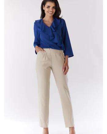 Bluza Eleganta De Dama Cu Maneca Scurta,  Albastru, Design Sofisticat Cu Volan Decorativ, Material Calitativ Si Usor Elastic, Croiala Lejera Confortabila Ce Asigura Libertate De Miscare, Ideala Pentru O Tinuta Office De Lux, Albastru