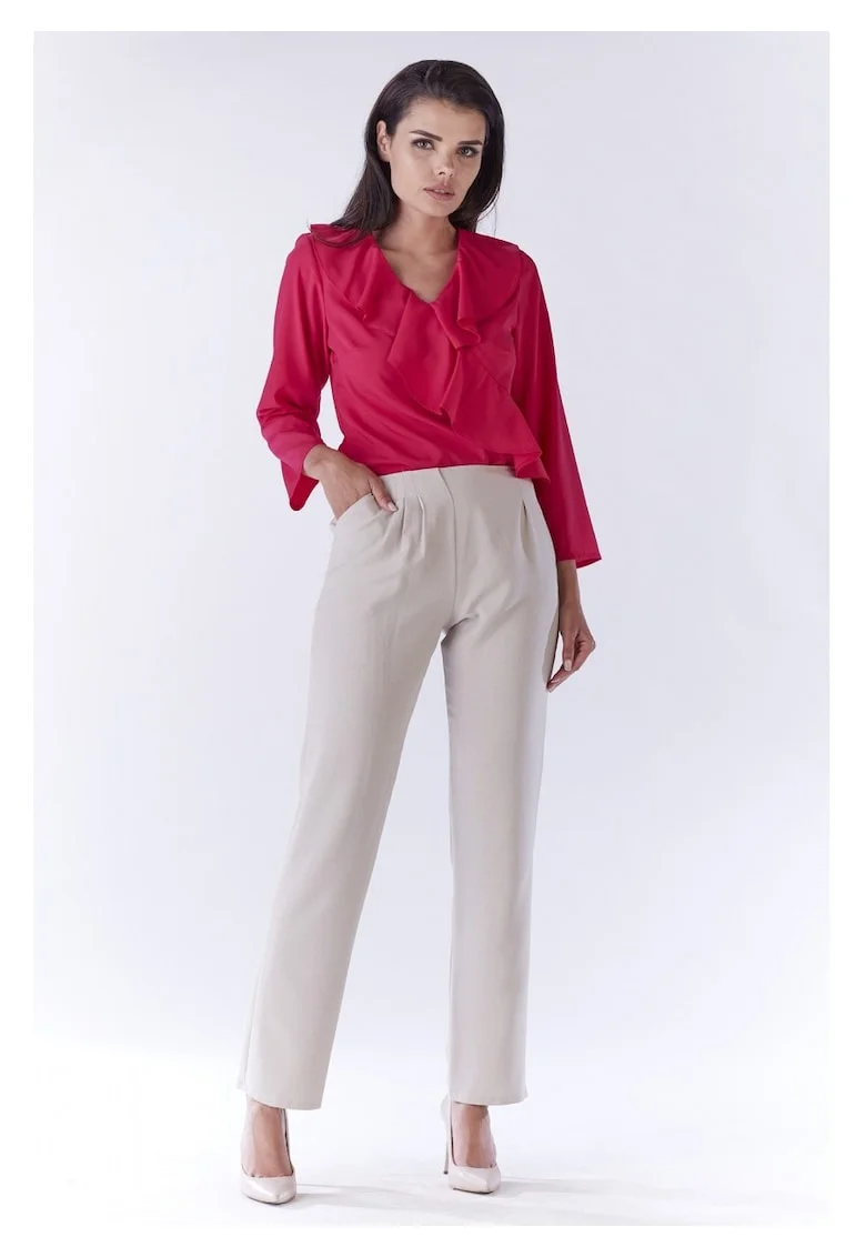 Bluza Eleganta De Dama Cu Maneca Scurta,  Fucsia, Design Sofisticat Cu Volan Decorativ, Material Calitativ Si Usor Elastic, Croiala Lejera Confortabila Ce Asigura Libertate De Miscare, Ideala Pentru O Tinuta Office De Lux, Fucsia