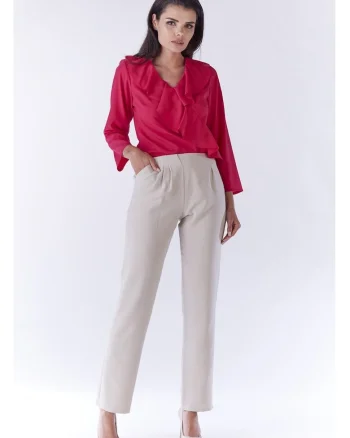 Bluza Eleganta De Dama Cu Maneca Scurta,  Fucsia, Design Sofisticat Cu Volan Decorativ, Material Calitativ Si Usor Elastic, Croiala Lejera Confortabila Ce Asigura Libertate De Miscare, Ideala Pentru O Tinuta Office De Lux, Fucsia