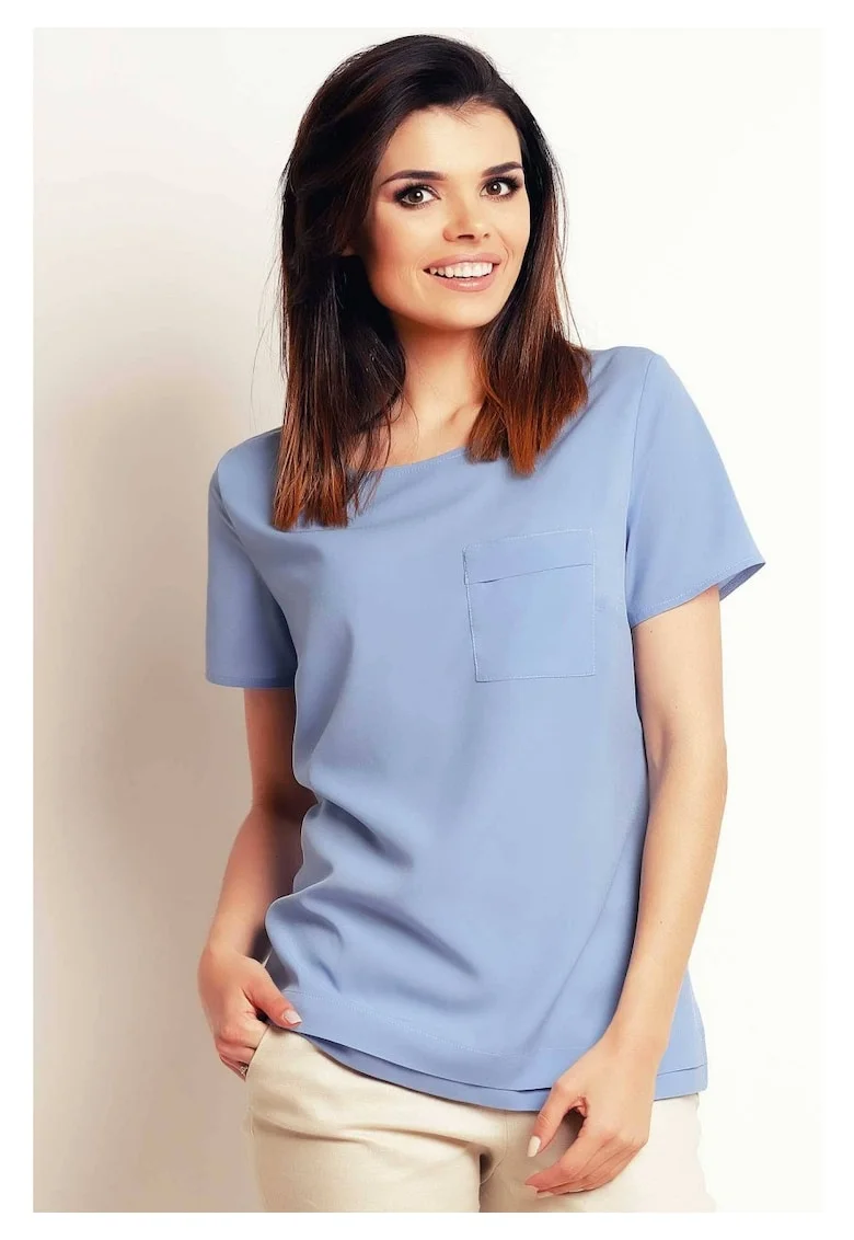 Bluza Casual Lejera De Dama,  Albastru, Design Minimalist Modern Prevazut Cu Buzunar Aplicat, Material Premium Calitativ Cu Elastan, Maneci Scurte, Croiala Confortabila Ideala Pentru O Tinuta De Zi Versatila Si Chic, Lux, Albastru