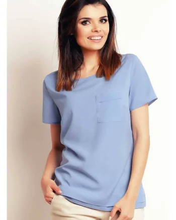 Bluza Casual Lejera De Dama,  Albastru, Design Minimalist Modern Prevazut Cu Buzunar Aplicat, Material Premium Calitativ Cu Elastan, Maneci Scurte, Croiala Confortabila Ideala Pentru O Tinuta De Zi Versatila Si Chic, Lux, Albastru