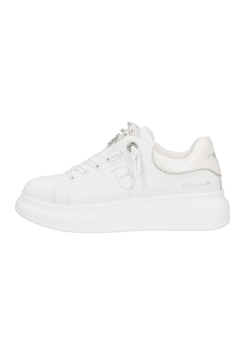 Pantofi sport din piele si piele ecologica, Alb/Bej deschis
