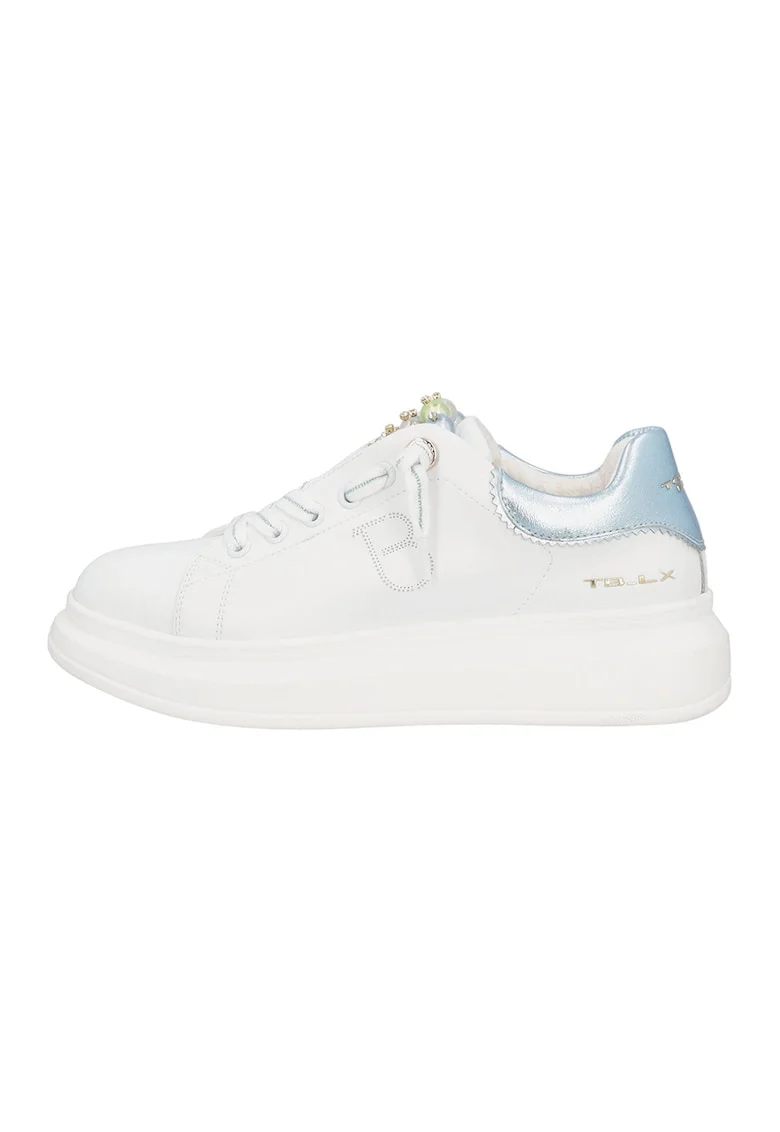 Pantofi sport din piele si piele ecologica, Alb/Albastru azur