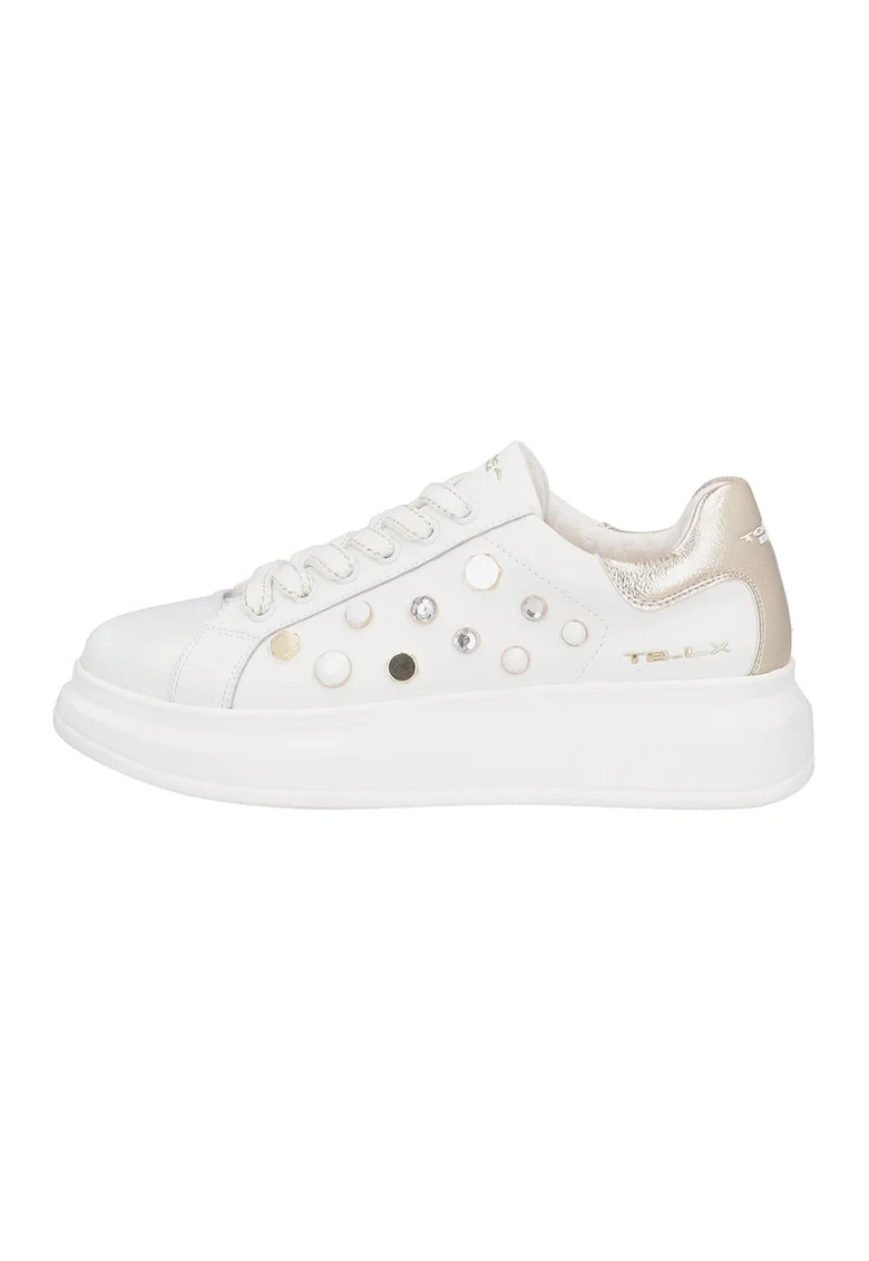 Pantofi sport din piele si piele ecologica, Alb/Auriu