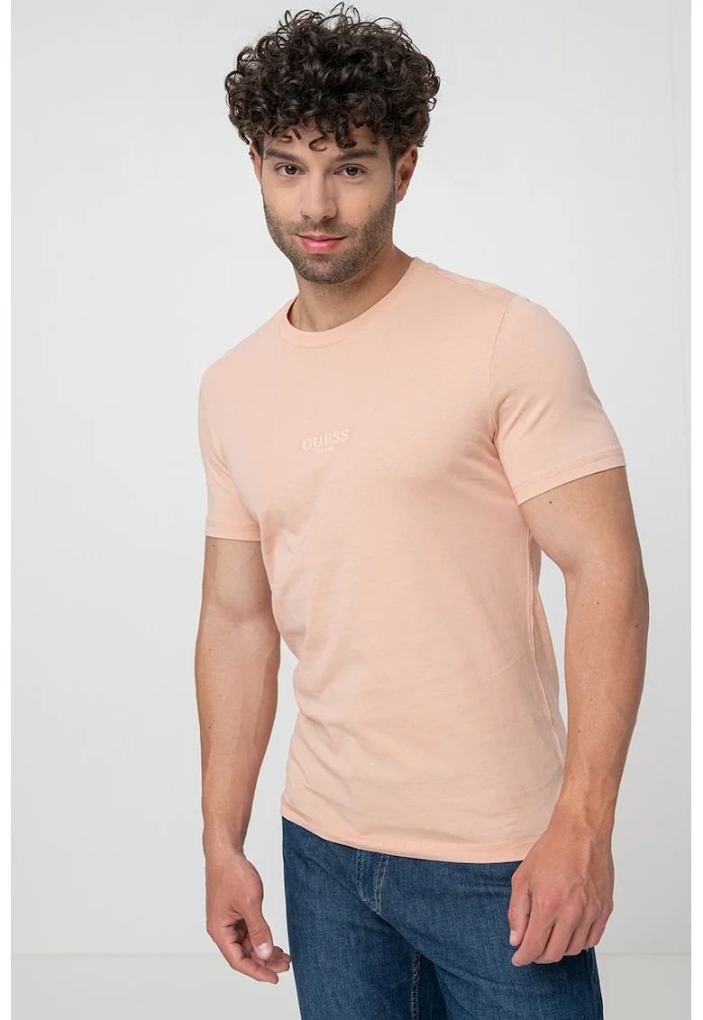 Tricou din bumbac cu decolteu la baza gatului, Roz somon