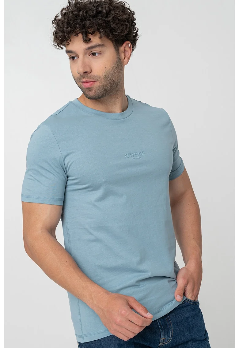 Tricou din bumbac cu decolteu la baza gatului, Albastru prafuit