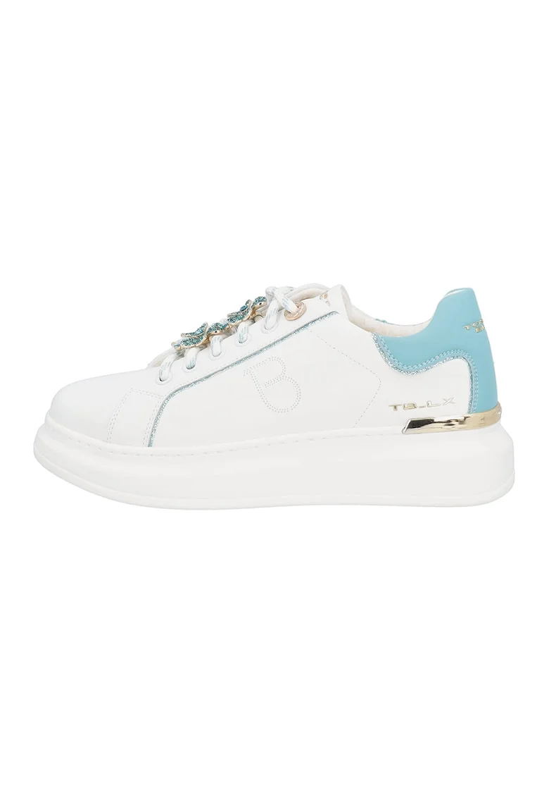 Pantofi sport din piele si piele ecologica, Alb/Albastru azur