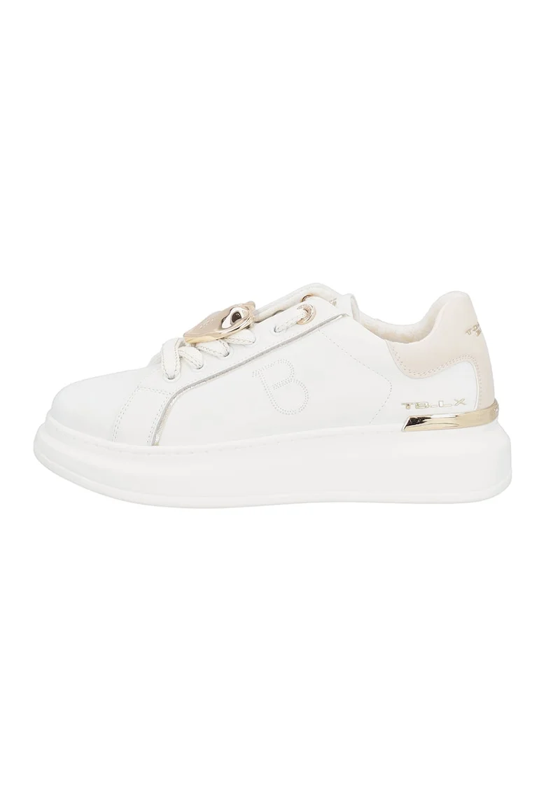 Pantofi sport din piele si piele ecologica, Alb/Auriu/Crem