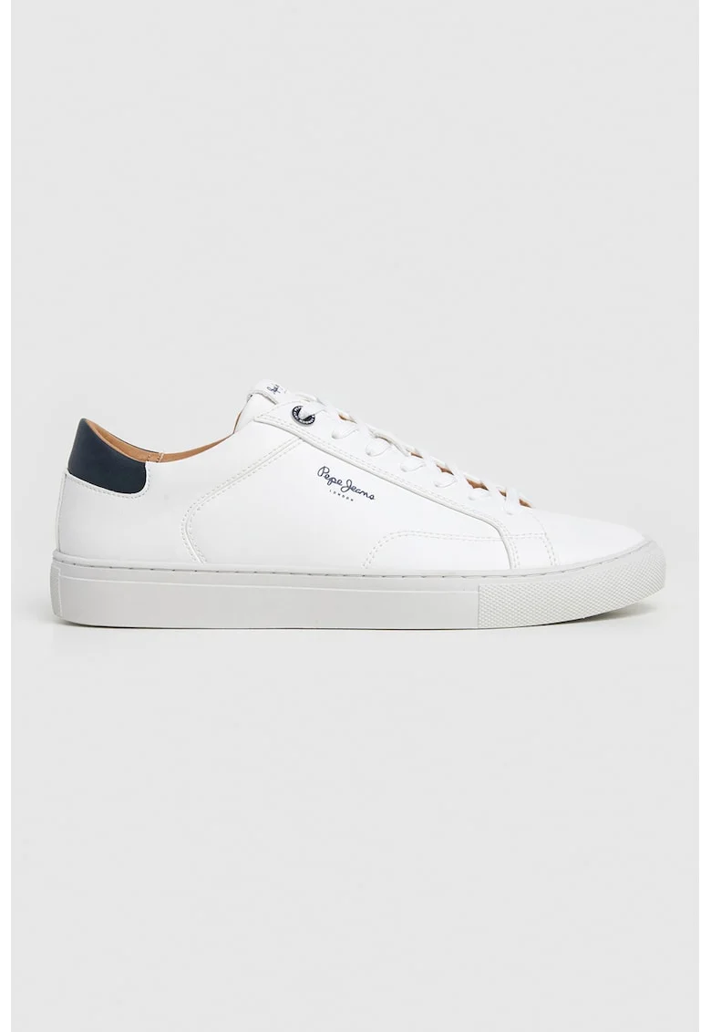 Pantofi sport de piele ecologica cu talpa plata, Alb optic/Bleumarin