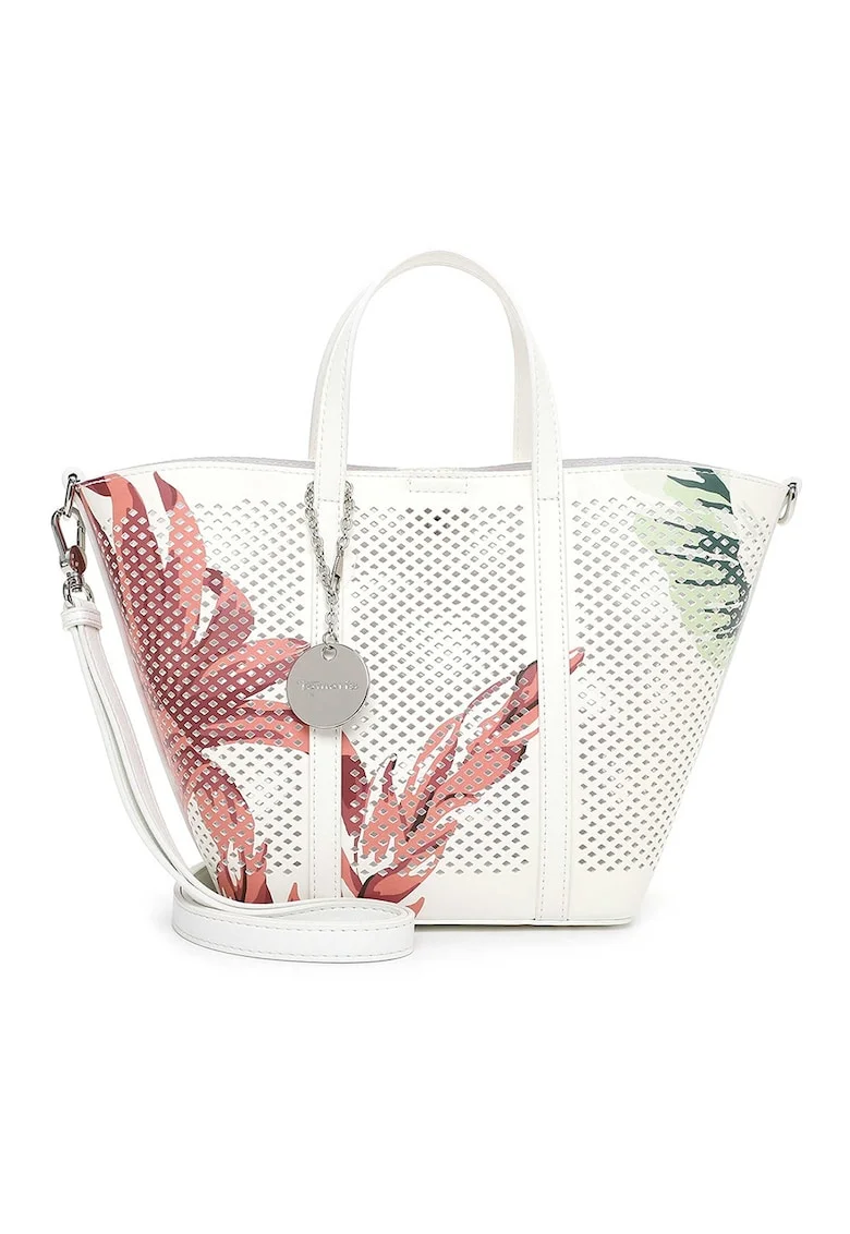 Set de geanta shopper din piele ecologica cu perforatie si etui, Alb/Rosu antichizat