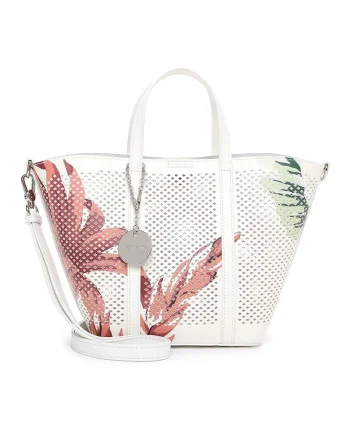 Set de geanta shopper din piele ecologica cu perforatie si etui, Alb/Rosu antichizat