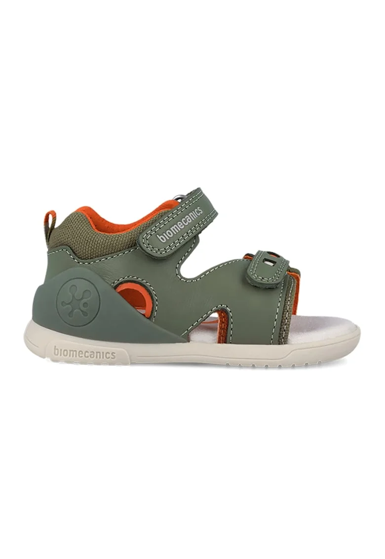 Sandale din piele cu varf decupat si garnituri din material textil, Portocaliu mandarina/Verde aquamarin/Alb murdar