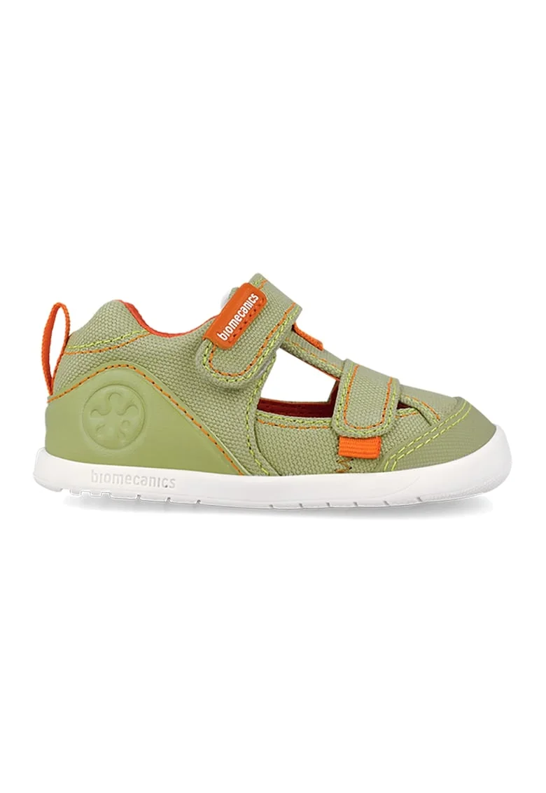 Sandale din material textil cu insertie din piele ecologica, Portocaliu mandarina/Verde masliniu/Alb optic