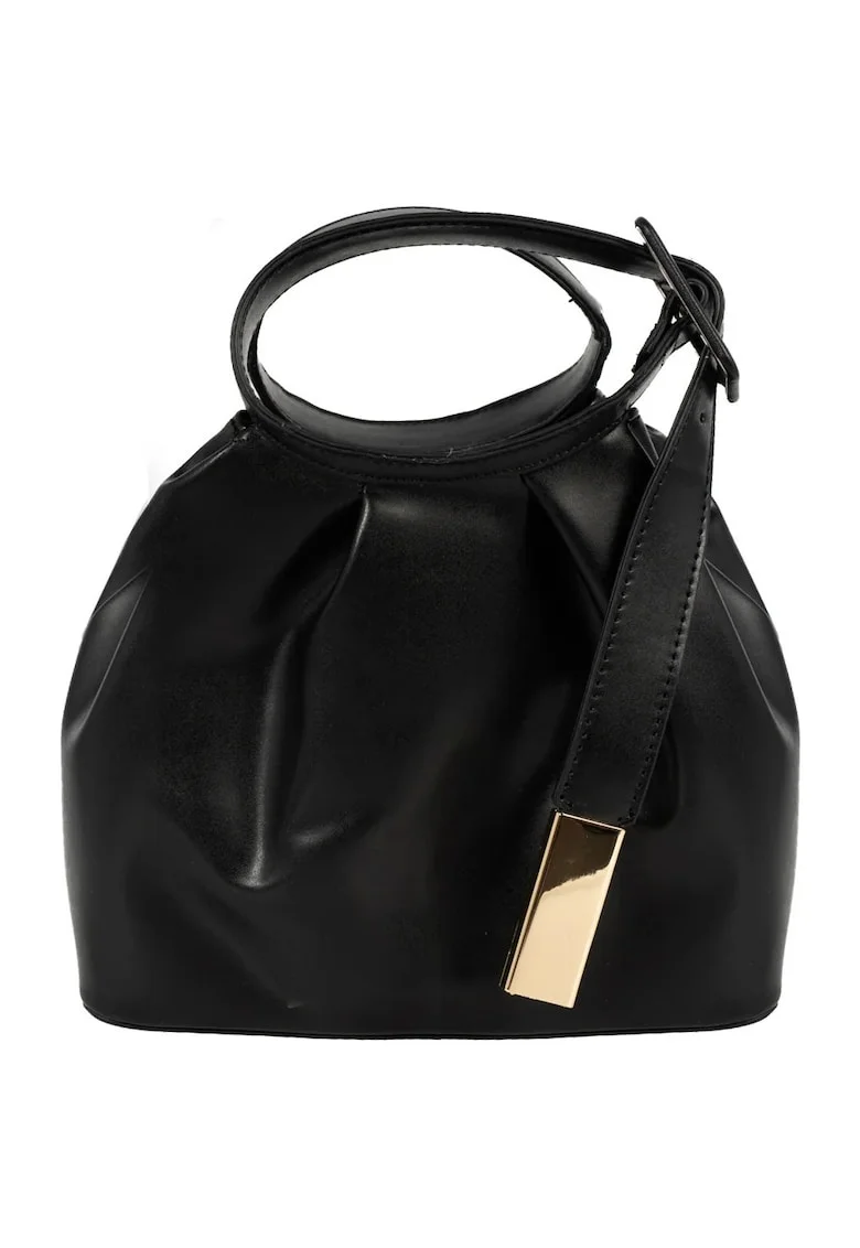 Geanta dama  neagra, 22x18,5x10cm, cu manere si detalii metalice aurii, din piele ecologica, cu sac de depozitare.