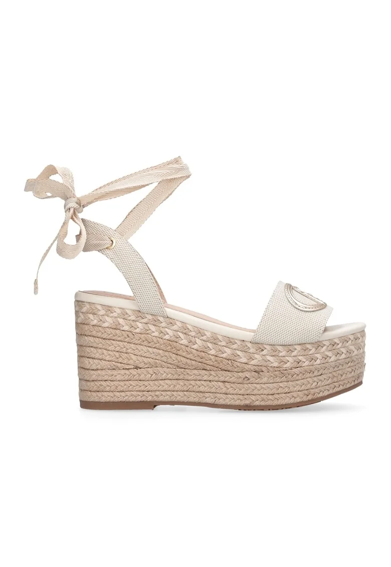 Sandale-espadrile din material textil cu inchidere cu funda din panglici, Bej deschis