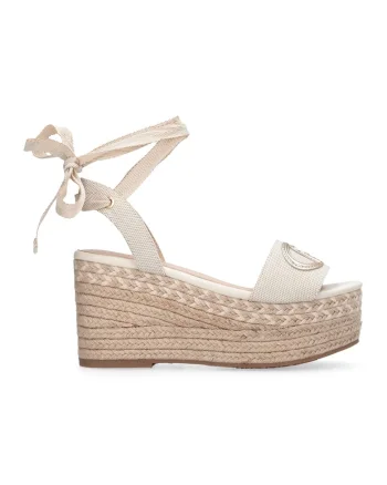 Sandale-espadrile din material textil cu inchidere cu funda din panglici, Bej deschis