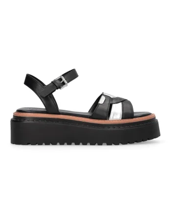 Sandale wedge de piele Bessie 01, Negru/Caramel/Argintiu