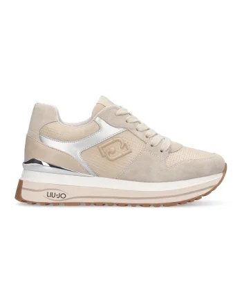 Pantofi sport cu talpa wedge si insertii din piele intoarsa, Bej deschis