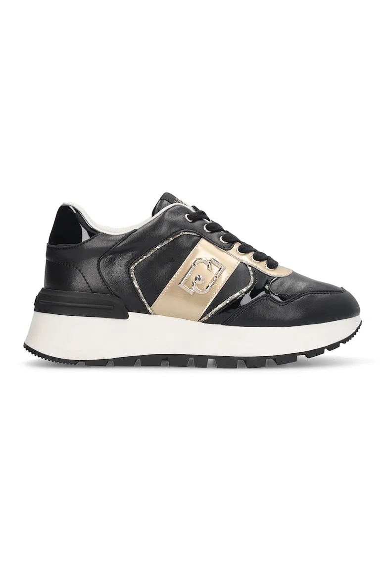 Pantofi sport din piele si piele ecologica cu talpa wedge, Auriu/Negru