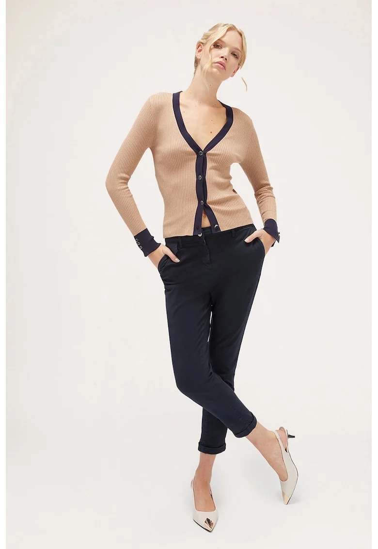 Cardigan tricotat fin cu decolteu in V, Negru/Bej