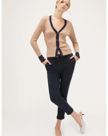 Cardigan tricotat fin cu decolteu in V, Negru/Bej
