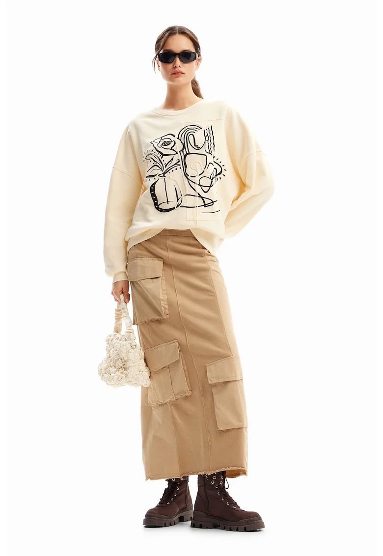 Bluza de trening cu imprimeu grafic, Negru/Alb murdar