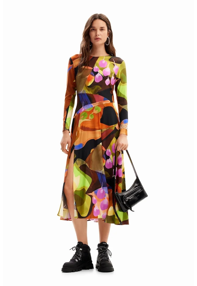 Rochie midi evazata cu slit lateral, Roz pastel/Portocaliu mandarina/Verde aquamarin