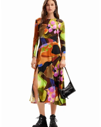 Rochie midi evazata cu slit lateral, Roz pastel/Portocaliu mandarina/Verde aquamarin
