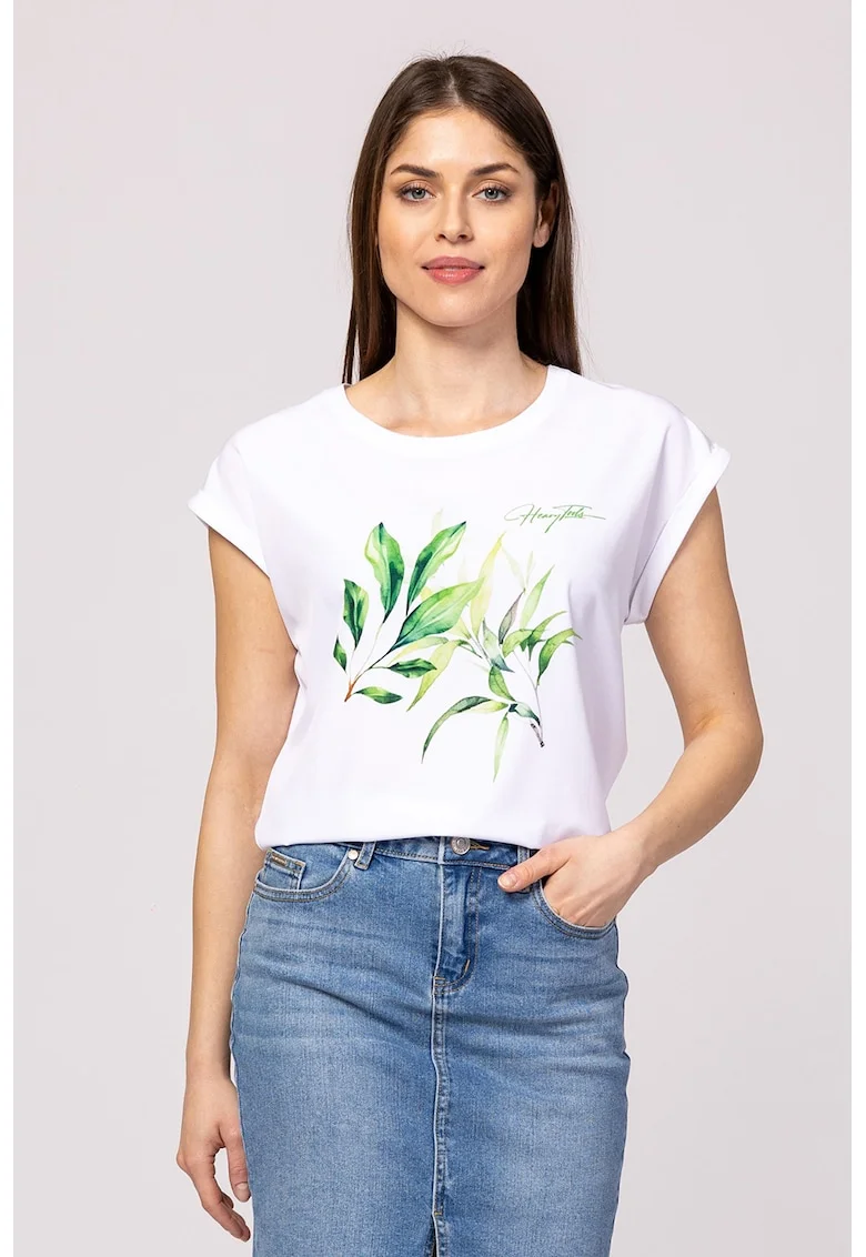 Tricou lejer din amestec de modal cu imprimeu Mona, Alb optic/Verde deschis
