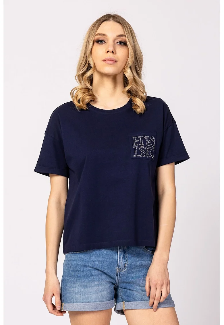 Tricou cu decolteu rotund si logo de strasuri Mirin, Bleumarin