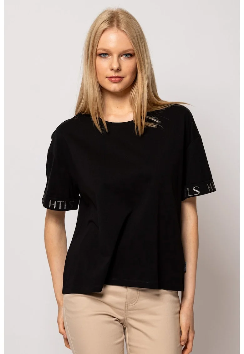 Tricou cu model uni si decolteu la baza gatului Morell, Negru