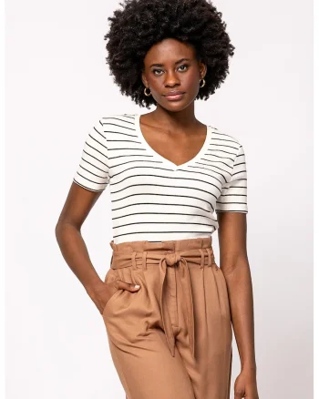 Tricou din amestec de modal cu decolteu in V si model in dungi Mistry, Negru/Alb murdar